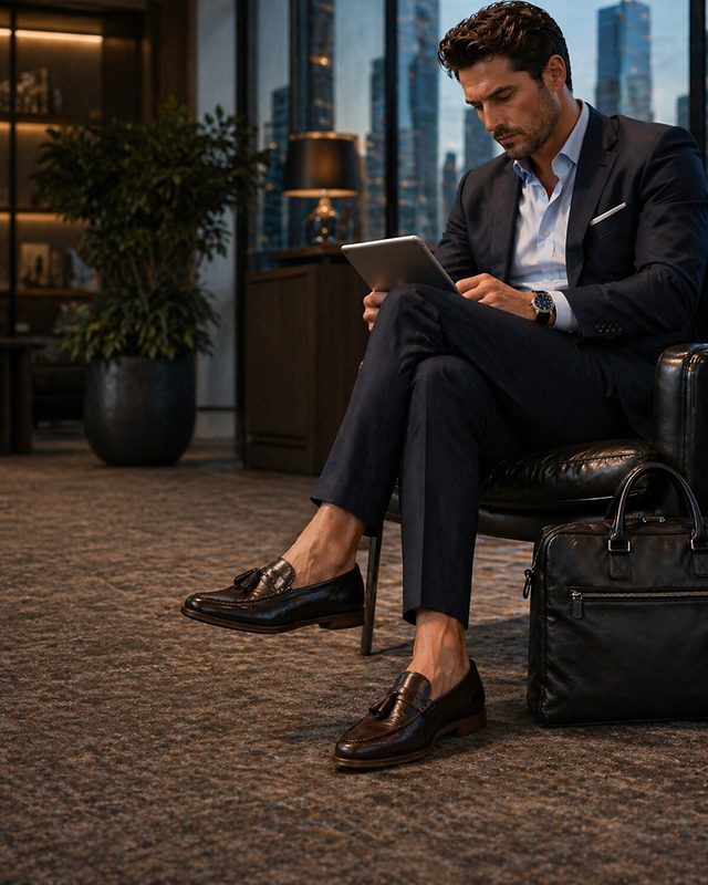 Businessman in leather loafers wearing Willowfoot foot odor control wipes